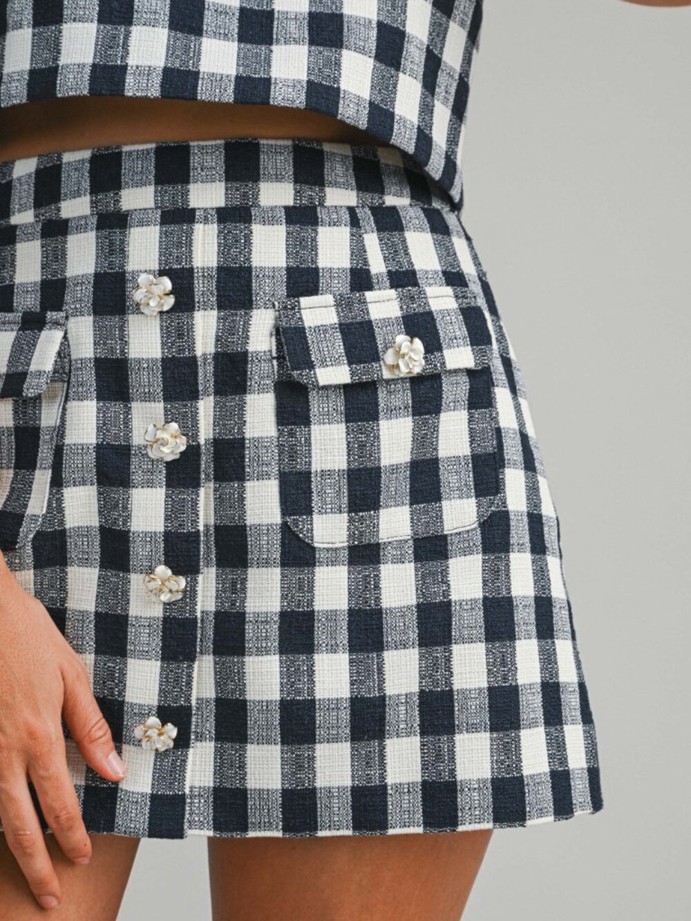 NWT Navy Gingham Cropped Sleeveless Top & Mini Skirt with Floral Button Set - Picture 5 of 5